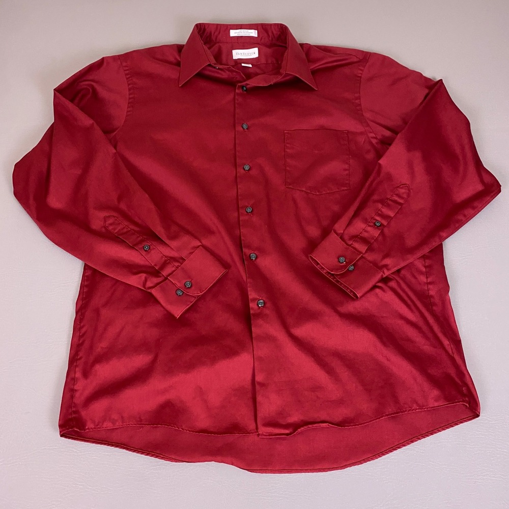 Van Heusen Dress Shirt Men's XL 17 34/35 Lux Sateen Wrinkle Free Burgundy Red